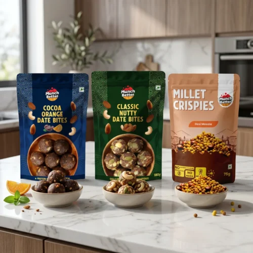 Classic Nutty Bites,Cocoa Orange Date bites and Millet Crispies